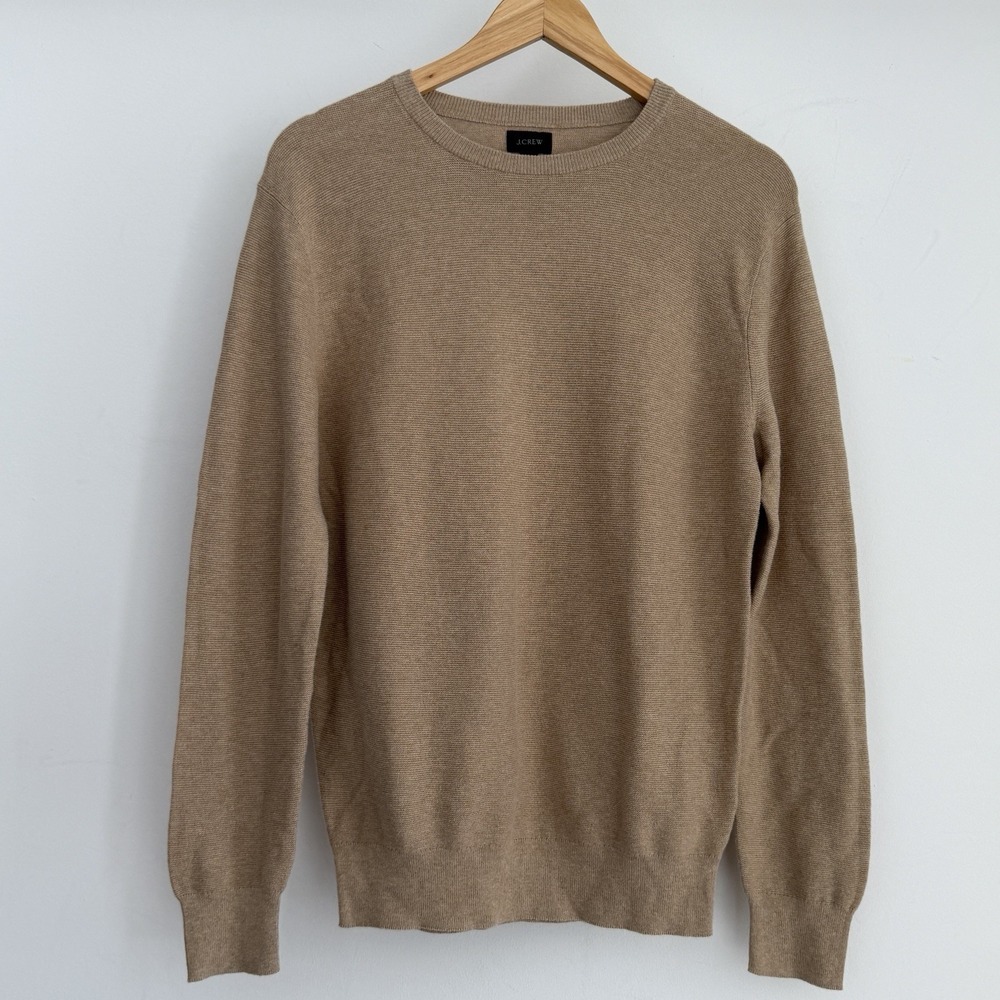 J Crew Cotton Crewneck Sweater Mens XS Brown Garter Stitch Heather Minimalist